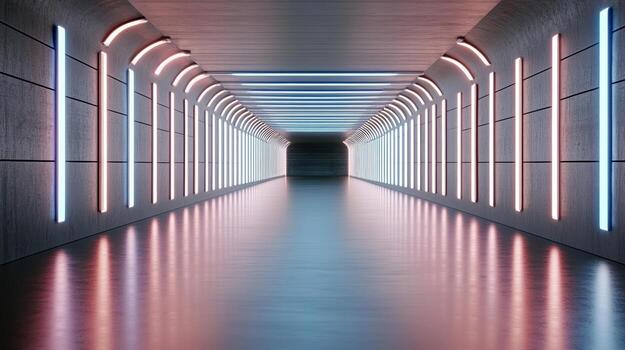 A long tunnel with neon lights and a long hallway photo
