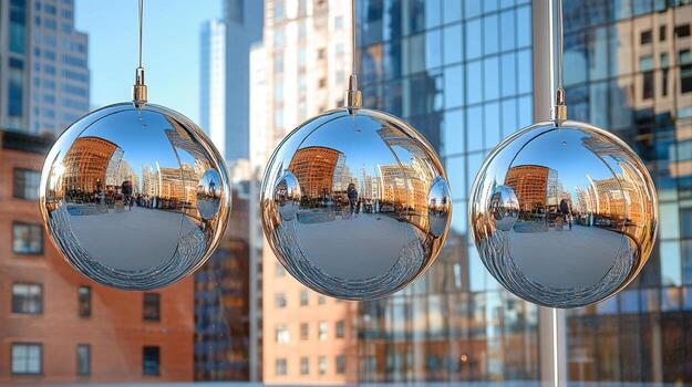 Three shiny balls hanging from a ceiling in front of a city photo