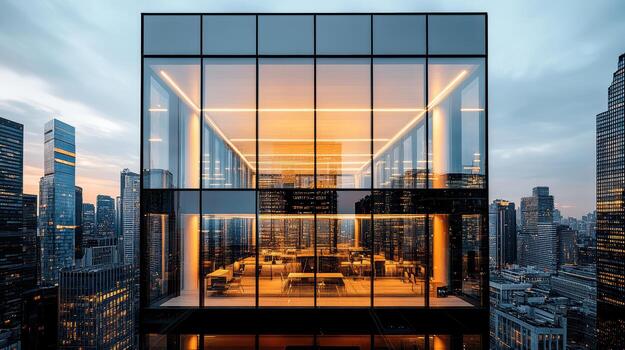 A modern office building with glass walls and windows photo