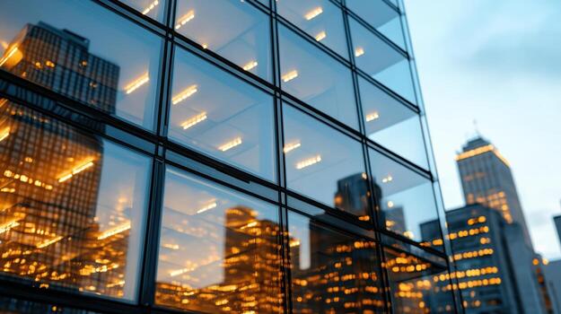A view of the city at dusk with the lights of the buildings reflected in the glass photo