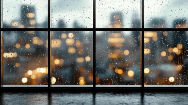 Rainy cityscape view from a window at night photo