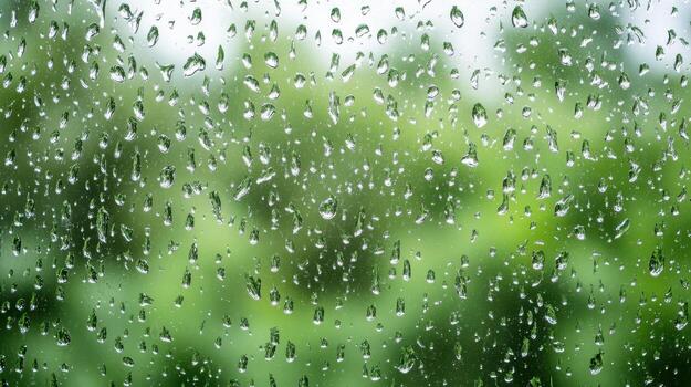 Rain drops on the window glass with green trees in the background photo
