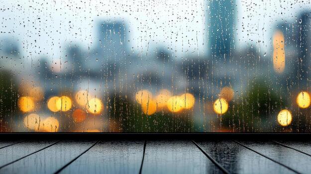 Rainy window with city lights on the background photo