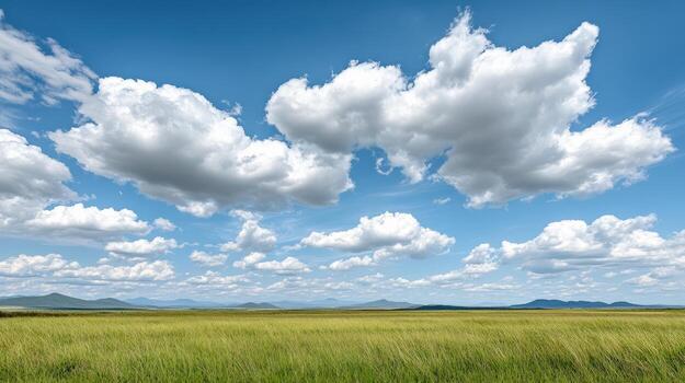 A large grassy field with clouds in the sky photo