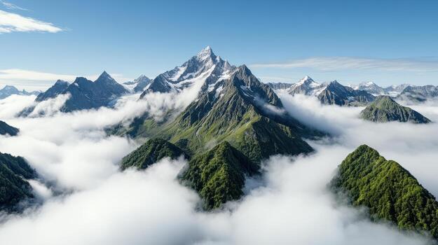 Mountain range with clouds and trees in the foreground photo