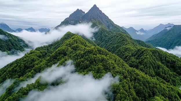 A view of mountains covered in green trees photo