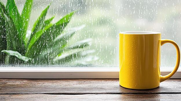 A yellow mug sits on a window sill in the rain photo