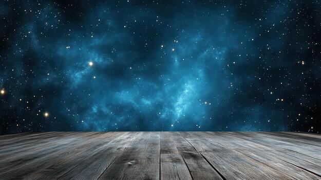 An empty wooden floor with a blue sky and stars photo