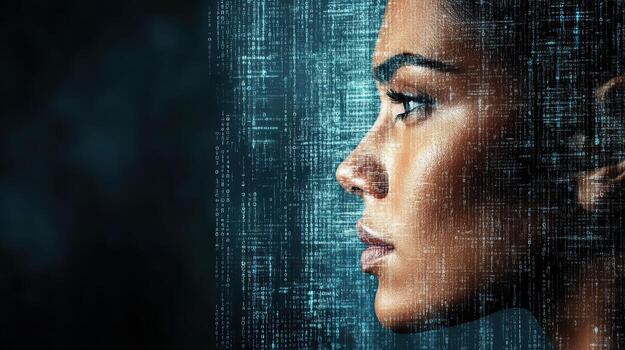 A woman's face is shown against a binary code photo