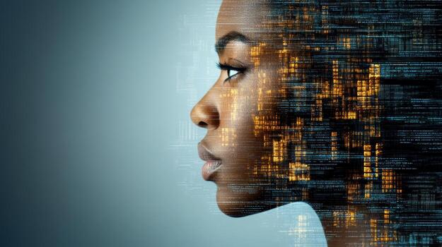 A woman's face with a digital code on it photo