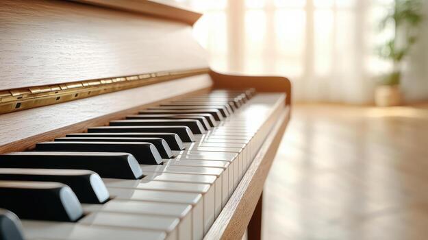 A piano is shown in front of a window photo