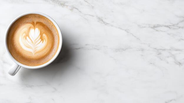 A cup of coffee with a leaf pattern on top of a marble surface photo