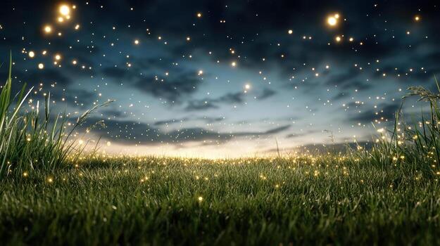 A grassy field with fireflies in the sky photo