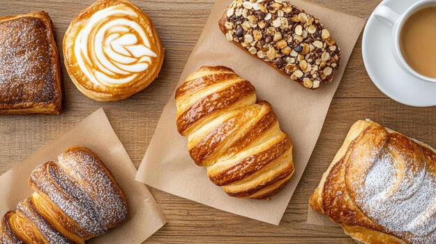 A variety of pastries and coffee on a table photo