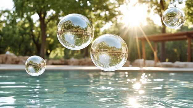 Bubbles floating in a pool with trees and a sun shining photo
