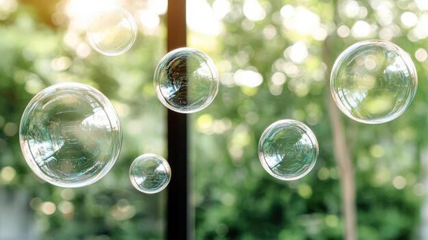 Soap bubbles floating in the air near a window photo