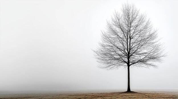 A lone tree stands in the fog on a field photo