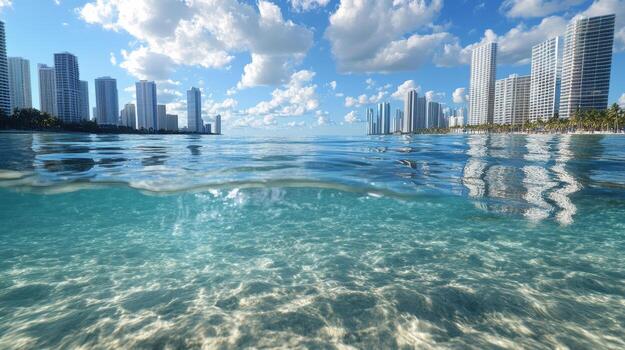 A view of the ocean and buildings from above photo