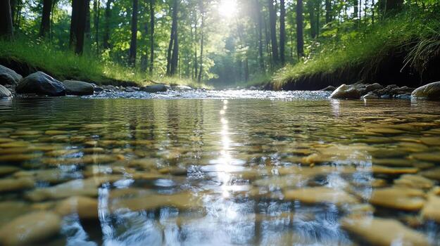 A stream running through a forest with rocks and grass photo