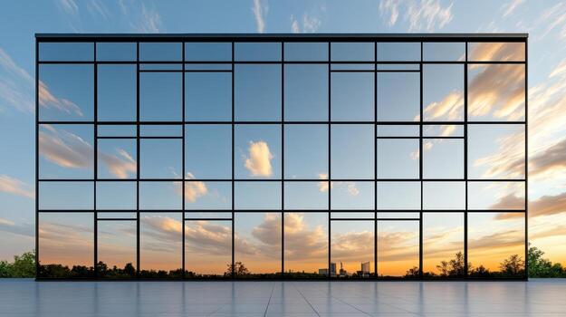 Modern glass building with sky reflection at sunset photo