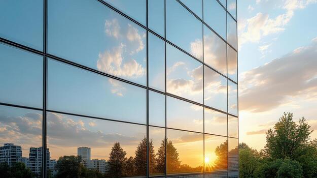 A building with a reflection of the sun in the glass photo
