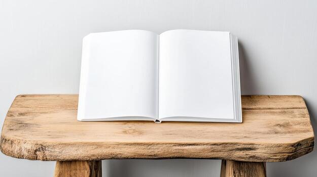 An open book on a wooden stool photo