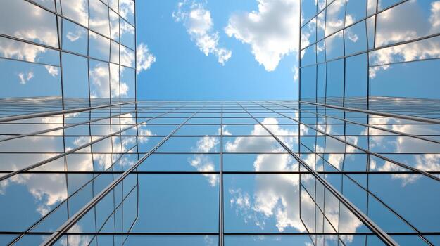 A view of a building with clouds reflected in the windows photo