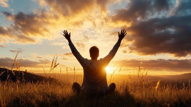 A person sitting on a hill with their hands up in the air photo