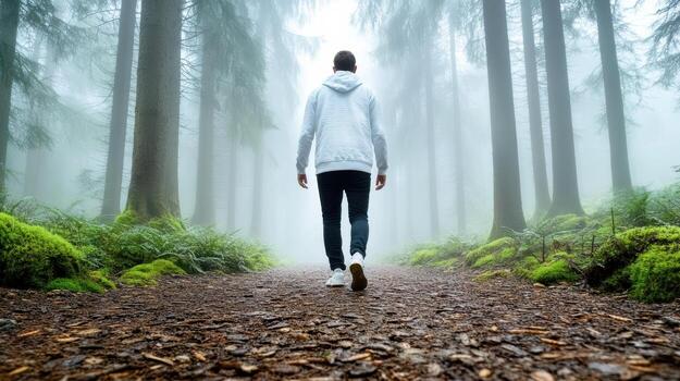 A person walking in the woods with foggy trees photo