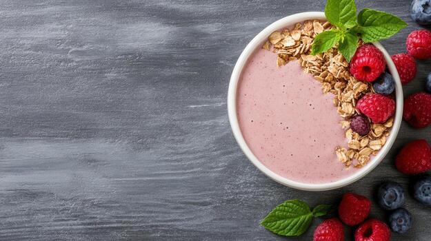 Berry smoothie with granola and fresh raspberries on a gray table top view photo