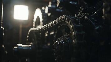 industriell maskineri i rörelse - närbild av kugghjul och mekanisk system i en mörk fabrik miljö. video