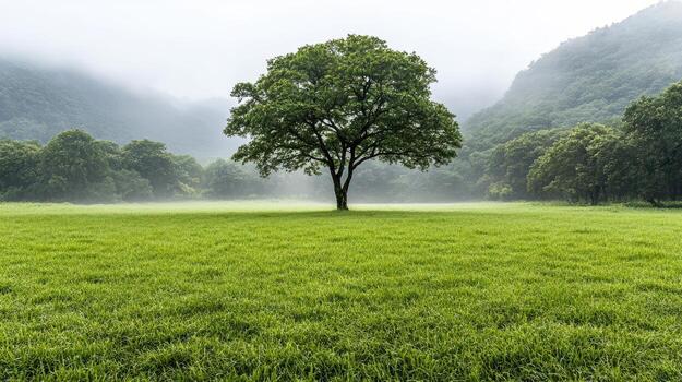 A lone tree in a green field with foggy mountains in the background photo
