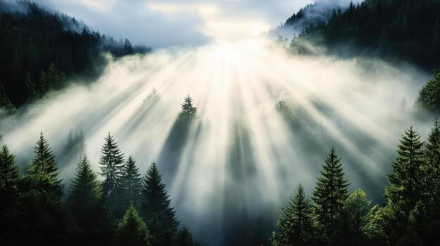 Sunbeams shining through foggy forest photo