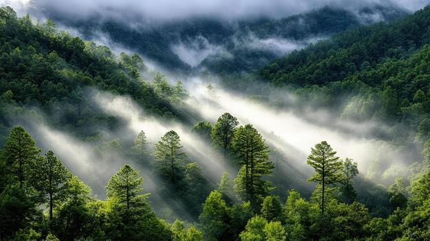 A forest with trees and fog in the morning photo