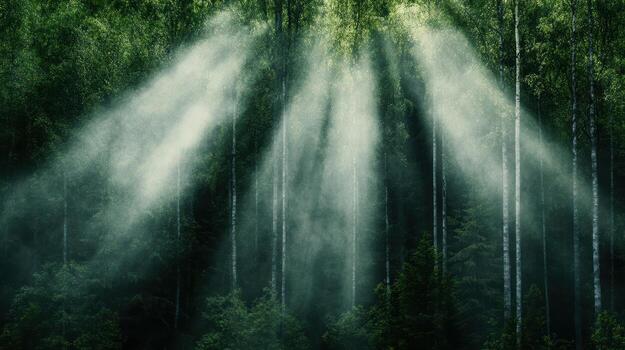 A forest with trees and sunlight shining through photo
