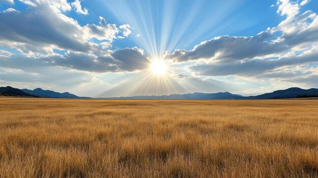 Sunbeams shining through the clouds over a field photo