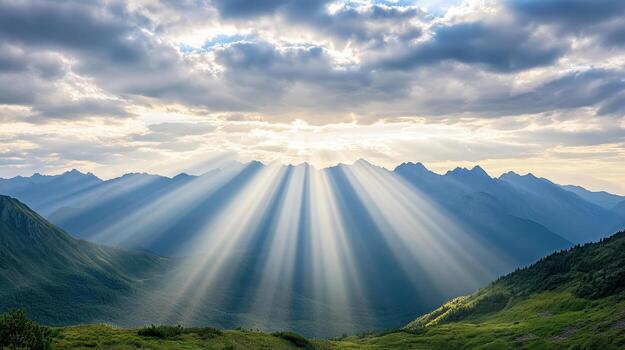 Sunbeams shine through clouds over mountains photo