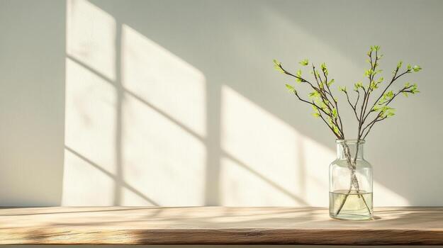 A vase with a branch in it sitting on a table photo
