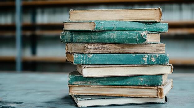 A stack of old books sitting on top of a table photo