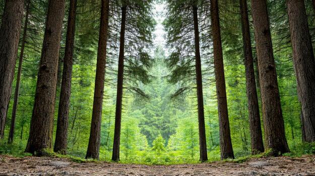 A path through a forest with trees and dirt photo