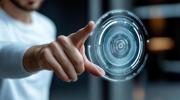 A man is touching a futuristic interface photo