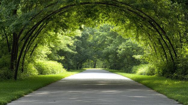 A pathway through a green tunnel in the woods photo