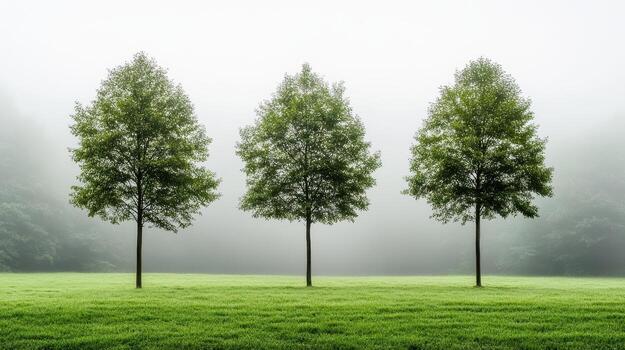 Three trees in a foggy field photo