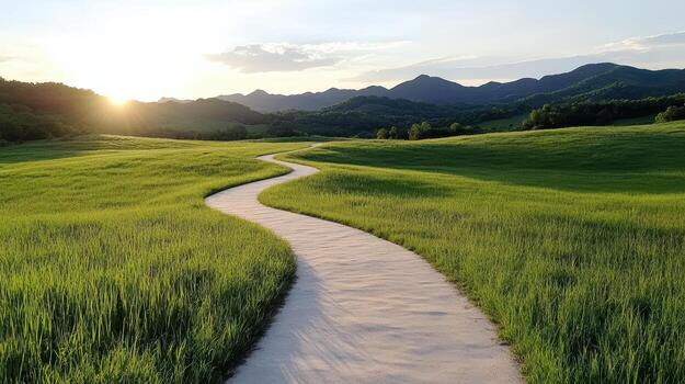 A pathway in a grassy field with mountains in the background photo