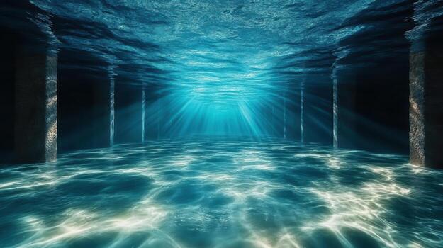 An underwater tunnel with light coming from the ceiling photo
