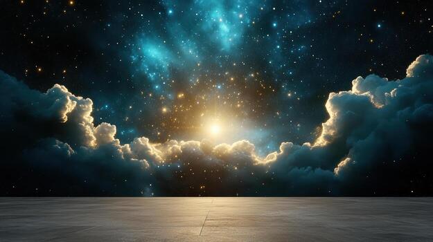 A room with a floor and a wall with a starry sky photo