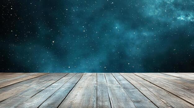 Wooden floor with stars and galaxy background photo