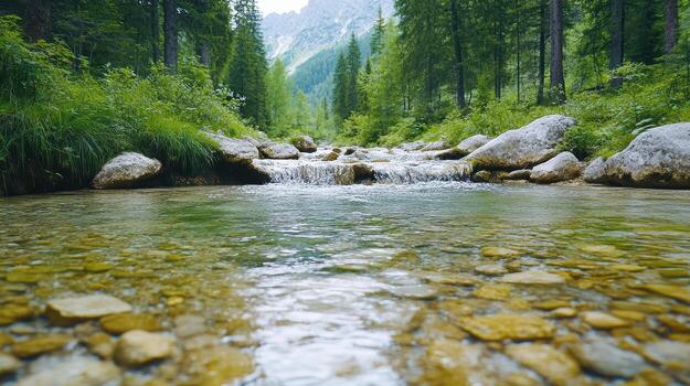 A stream running through a forest with rocks and trees photo