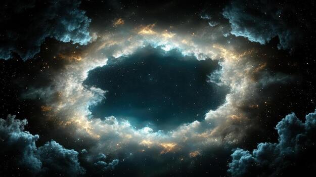 A circular hole in the sky with clouds photo