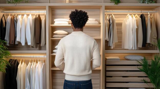A man standing in front of a closet with clothes photo